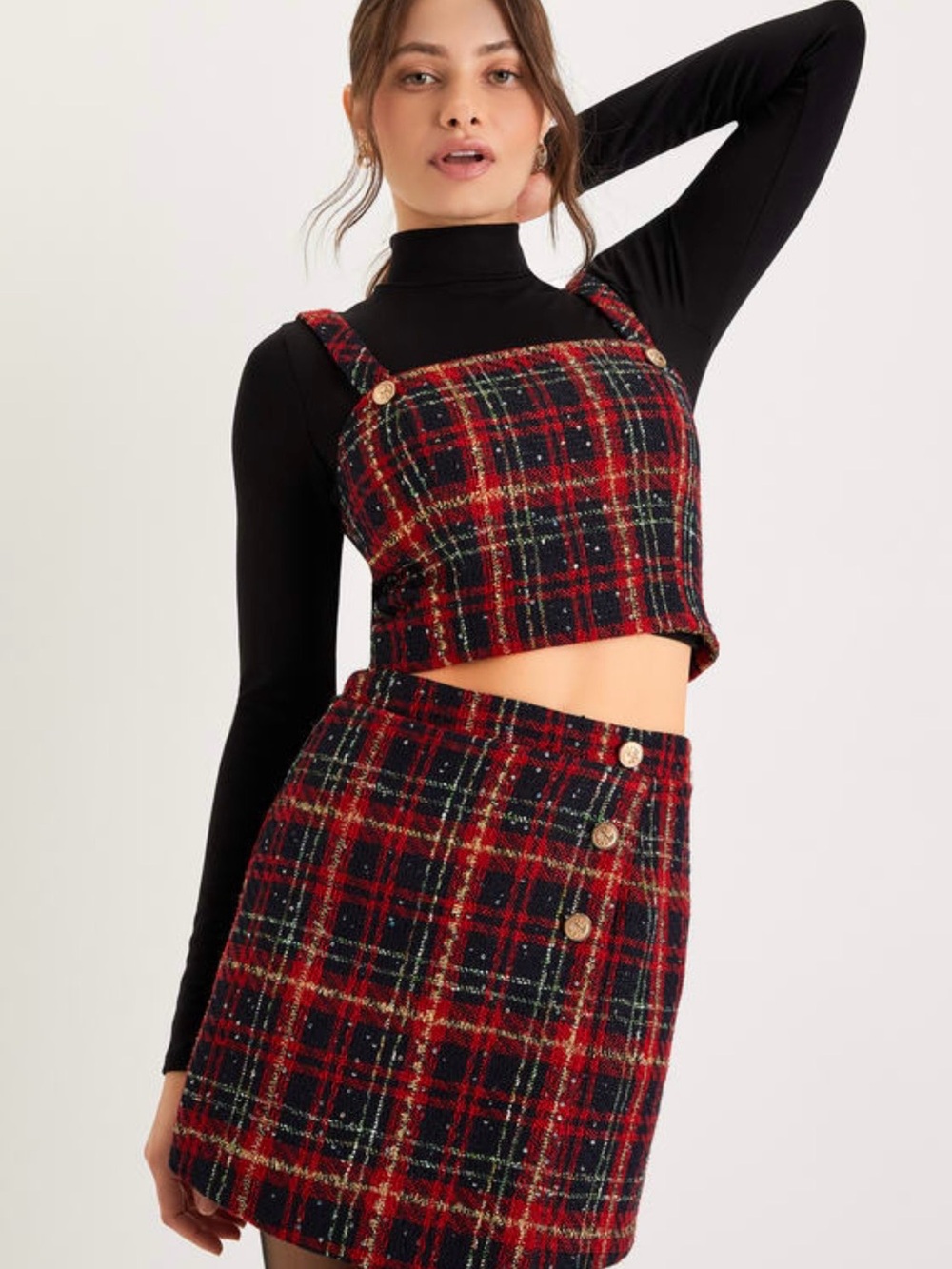 Lulu's Adorably Posh Red Plaid Tweed Faux Wrap Mini Skirt
